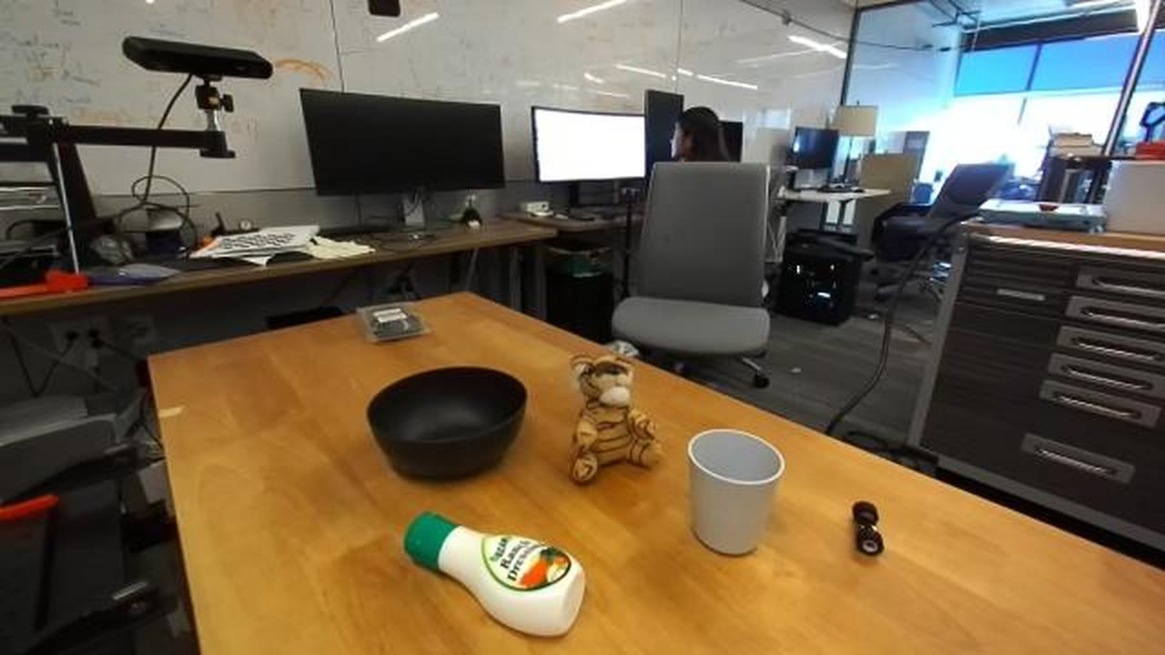 Real DROID camera frame of a table with a bowl, a toy tiger, a cup, a bottle and a toy wheel